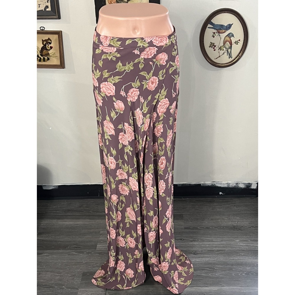 Flynn Skye Mauve Pink Rose Floral Print High Slit Wrap Maxi Skirt Size Medium